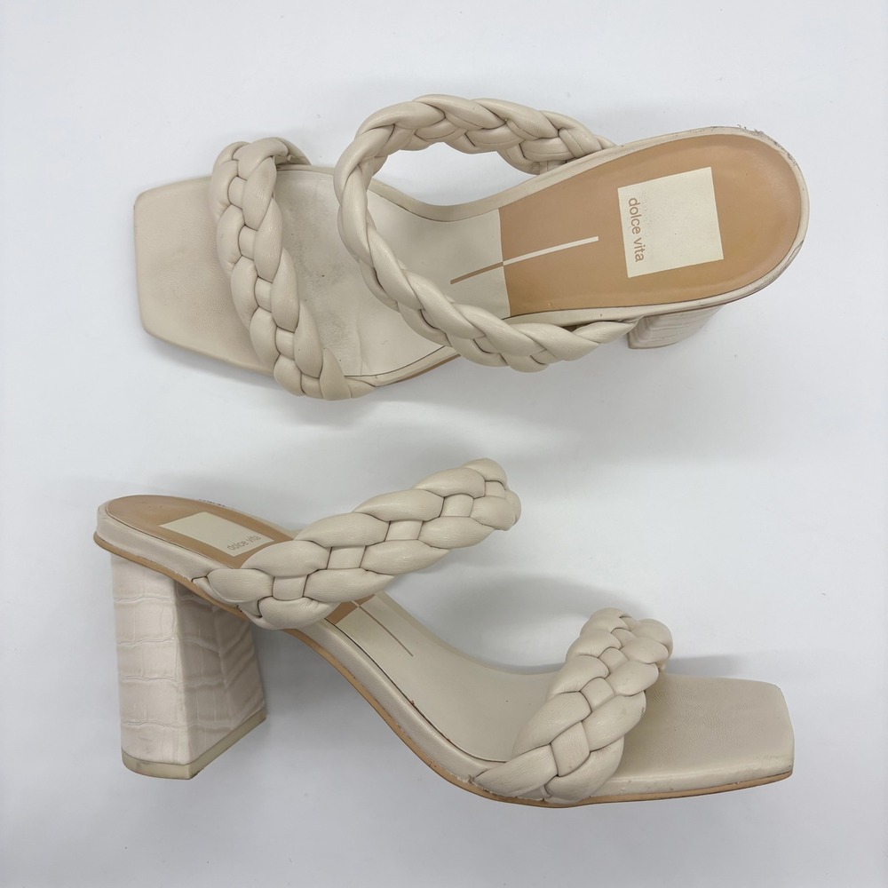 Dolce Vita Paily Braided Square Toe Heel Sandals Size‎ 8.5 Cream Beige Embossed